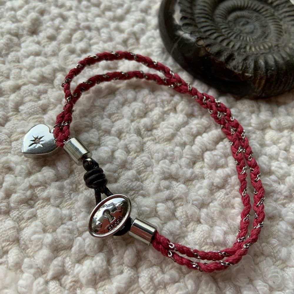 Fossil pink Leather Bracelet Rhinestone Heart